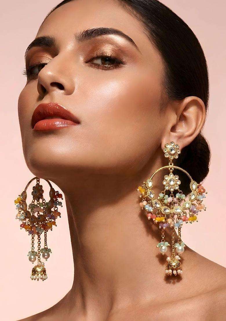 Gold-Plated Multicolour Beaded Embellished Chandbali Kashmiri Jhumka Earrings with Kundan for Women | Traditional Ethnic Jewellery for Wedding & Festive Wear | Gift for Her - Indya