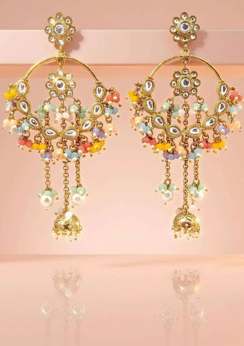 Gold-Plated Multicolour Beaded Embellished Chandbali Kashmiri Jhumka Earrings with Kundan for Women | Traditional Ethnic Jewellery for Wedding & Festive Wear | Gift for Her - Indya