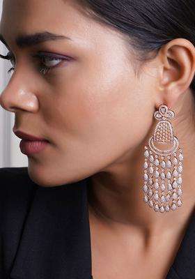 Rose Gold-Plated Cubic Zirconia Contemporary Drop Earrings for Women | Traditional Ethnic Jewellery for Wedding & Festive Wear | Gift for Her