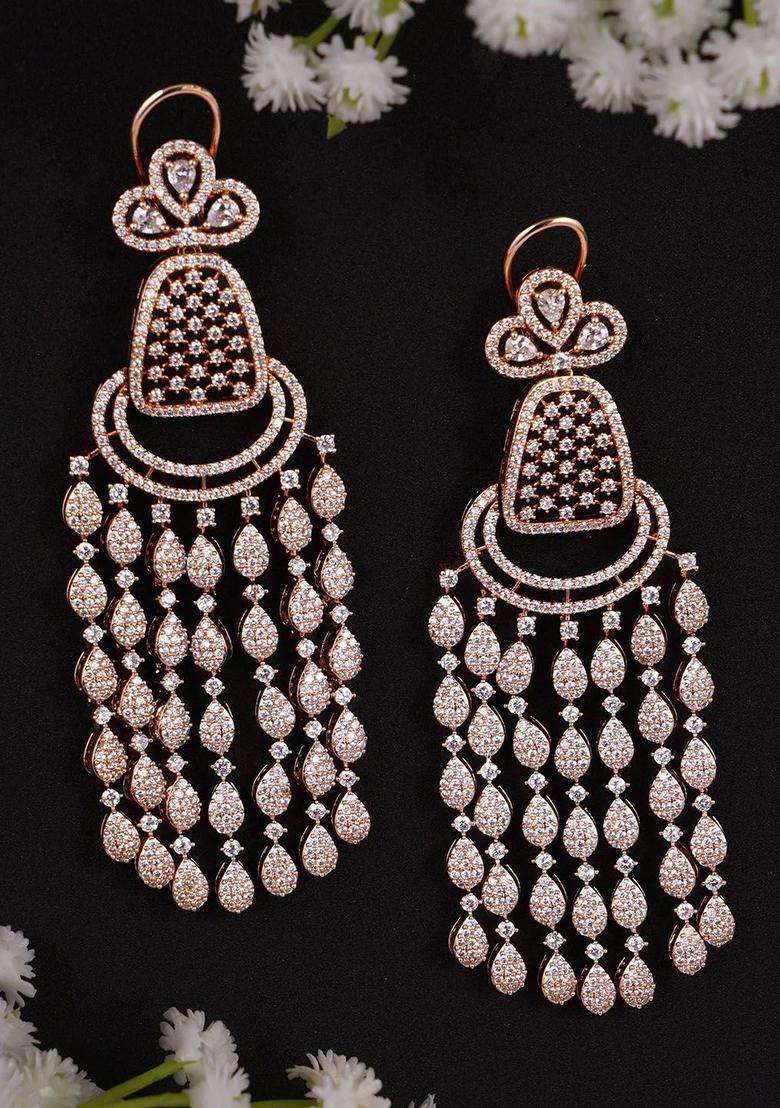 Rose Gold-Plated Cubic Zirconia Contemporary Drop Earrings for Women | Traditional Ethnic Jewellery for Wedding & Festive Wear | Gift for Her - Indya