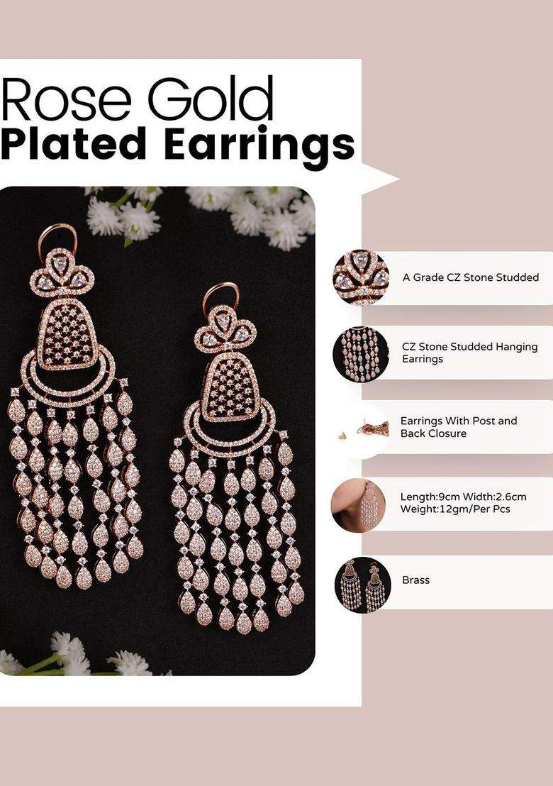Rose Gold-Plated Cubic Zirconia Contemporary Drop Earrings for Women | Traditional Ethnic Jewellery for Wedding & Festive Wear | Gift for Her - Indya
