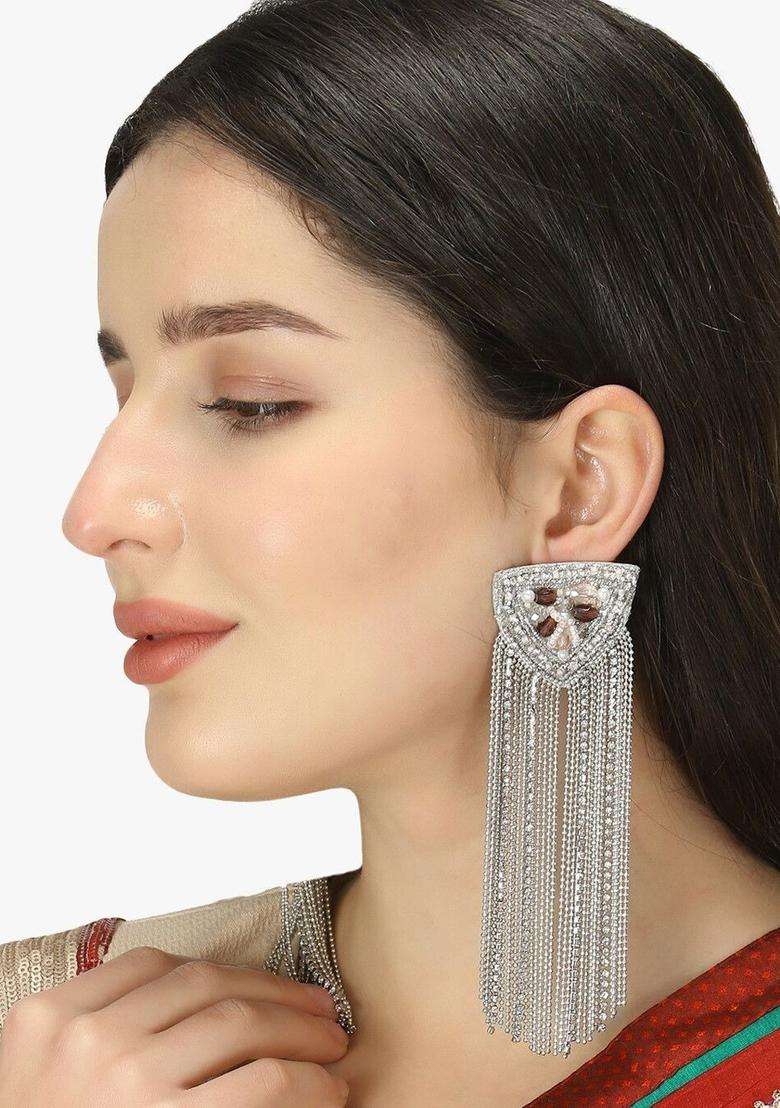 Silver-Plated Rhodium-Plated Geometric Drop Earrings for Women | Traditional Ethnic Jewellery for Wedding & Festive Wear | Gift for Her - Indya