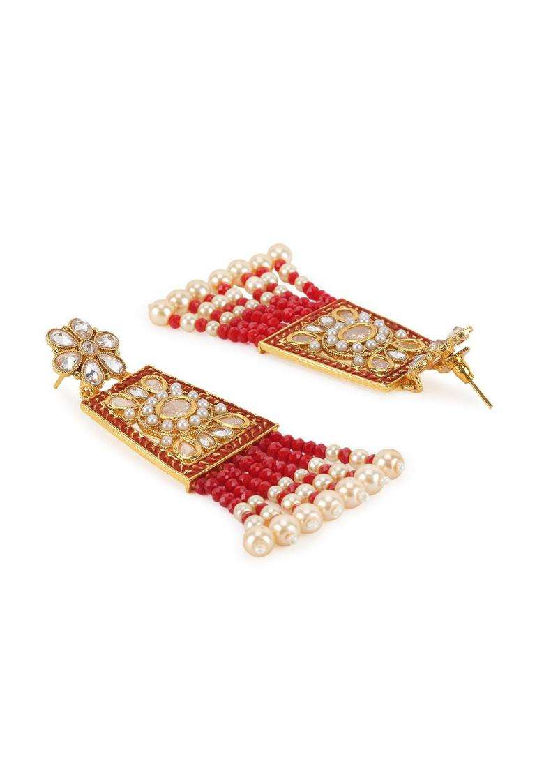 Gold-Plated & Red Floral Drop Earrings for Women | Traditional Ethnic Jewellery for Wedding & Festive Wear | Gift for Her - Indya
