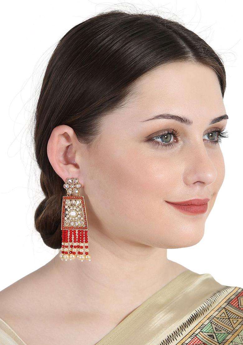 Gold-Plated & Red Floral Drop Earrings for Women | Traditional Ethnic Jewellery for Wedding & Festive Wear | Gift for Her - Indya