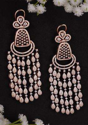 Rose Gold-Plated Cubic Zirconia Studded Contemporary Drop Earrings for Women | Traditional Ethnic Jewellery for Wedding & Festive Wear | Gift for Her