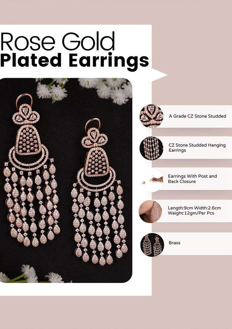 Rose Gold-Plated Cubic Zirconia Studded Contemporary Drop Earrings for Women | Traditional Ethnic Jewellery for Wedding & Festive Wear | Gift for Her - Indya