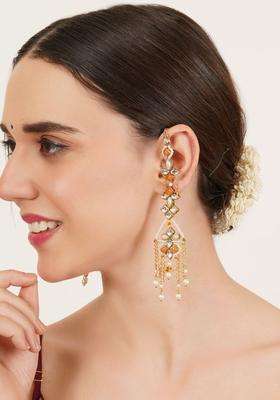Gold-Plated Floral Shaped Kundan Dangler Drop Earrings with Ear Chain for Women | Fusion Party & Festive Wear | Gift for Her