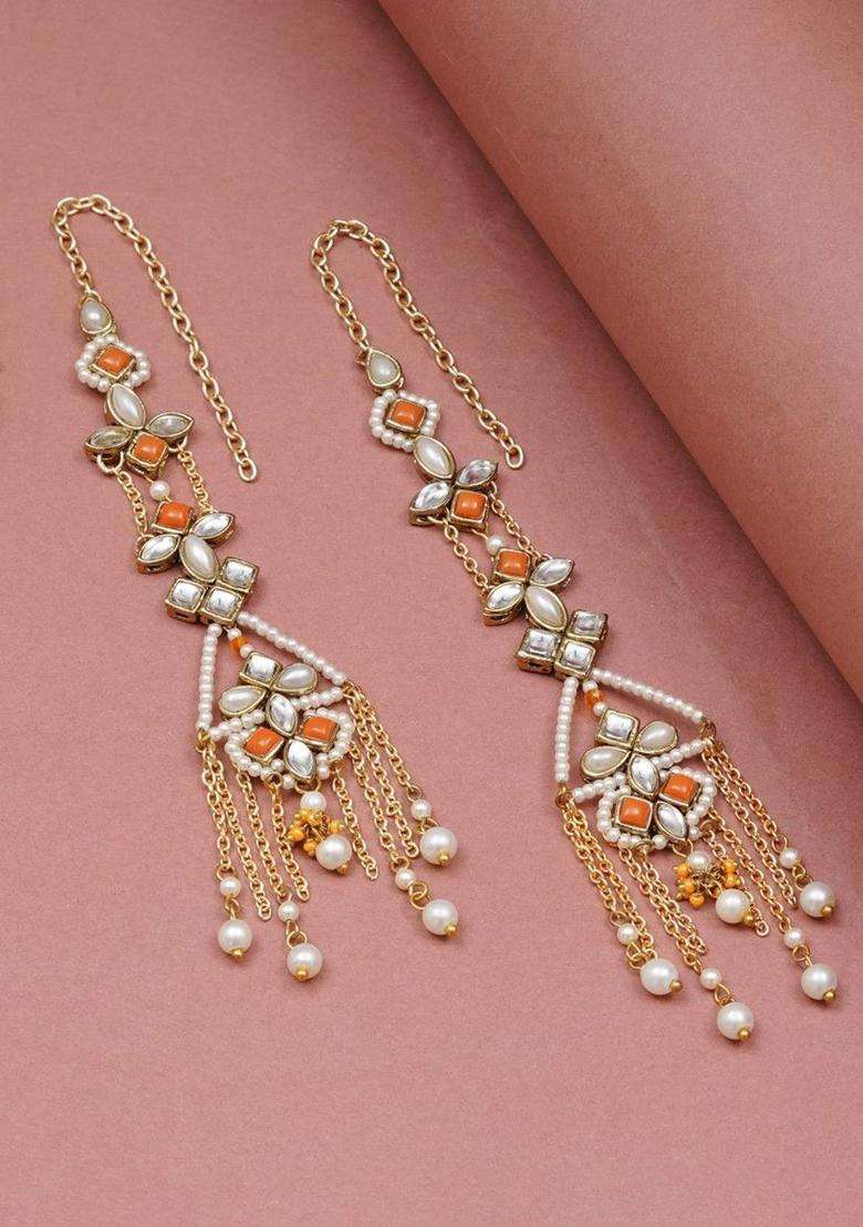 Gold-Plated Floral Shaped Kundan Dangler Drop Earrings with Ear Chain for Women | Fusion Party & Festive Wear | Gift for Her - Indya
