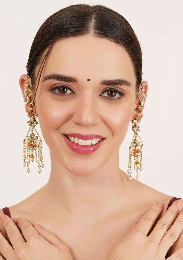 Gold-Plated Floral Shaped Kundan Dangler Drop Earrings with Ear Chain for Women | Fusion Party & Festive Wear | Gift for Her - Indya