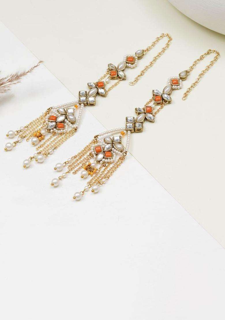 Gold-Plated Floral Shaped Kundan Dangler Drop Earrings with Ear Chain for Women | Fusion Party & Festive Wear | Gift for Her - Indya