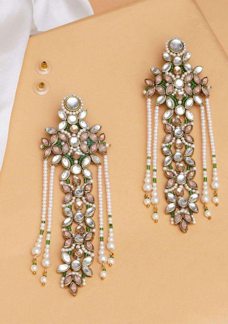 Gold-Plated Floral Kundan Stone Studded & Pearls Beaded Drop Earrings for Women | Fusion Party & Festive Wear | Gift for Her - Indya