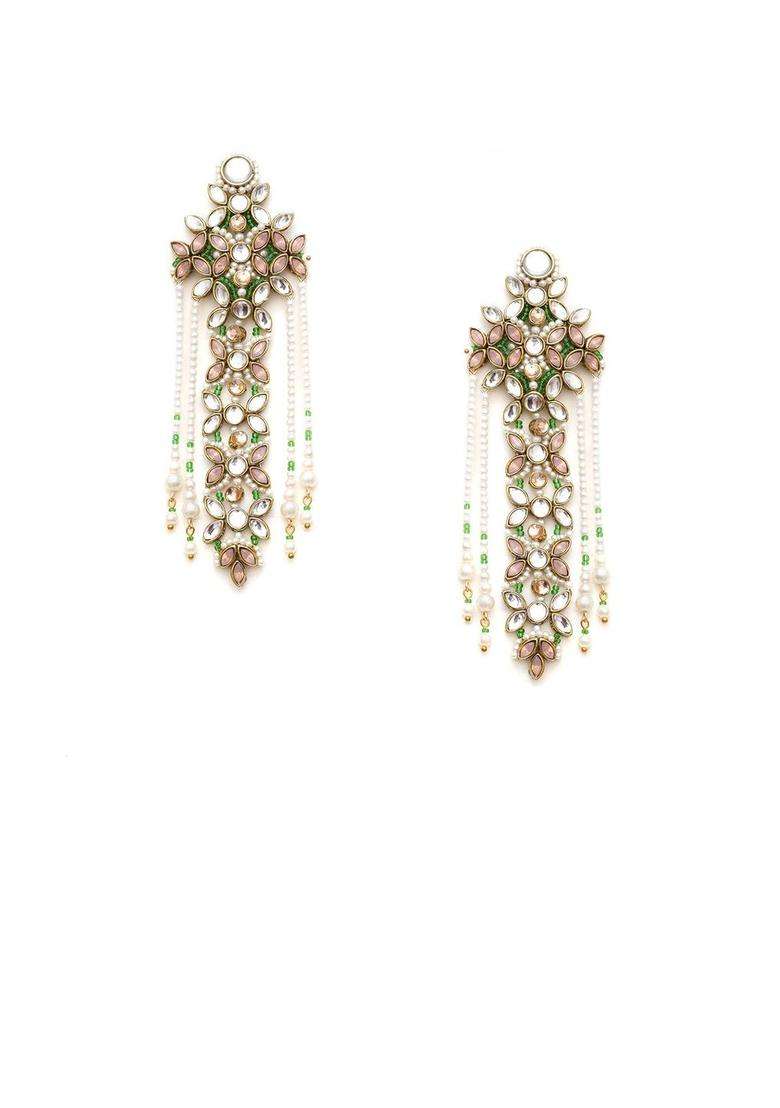 Gold-Plated Floral Kundan Stone Studded & Pearls Beaded Drop Earrings for Women | Fusion Party & Festive Wear | Gift for Her - Indya