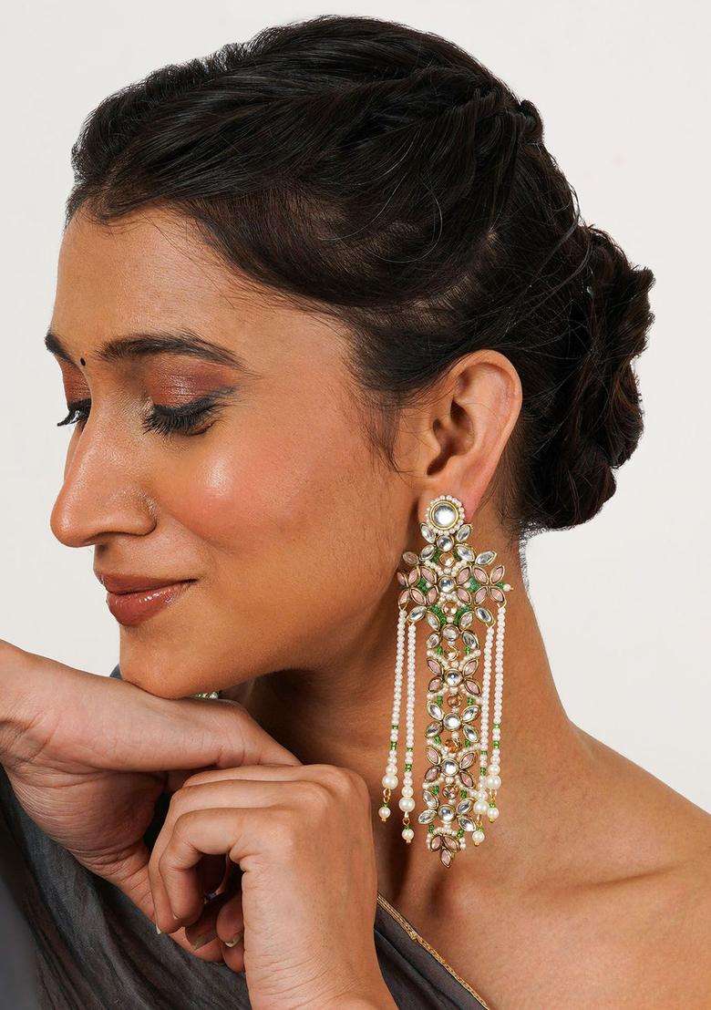 Gold-Plated Floral Kundan Stone Studded & Pearls Beaded Drop Earrings for Women | Fusion Party & Festive Wear | Gift for Her - Indya