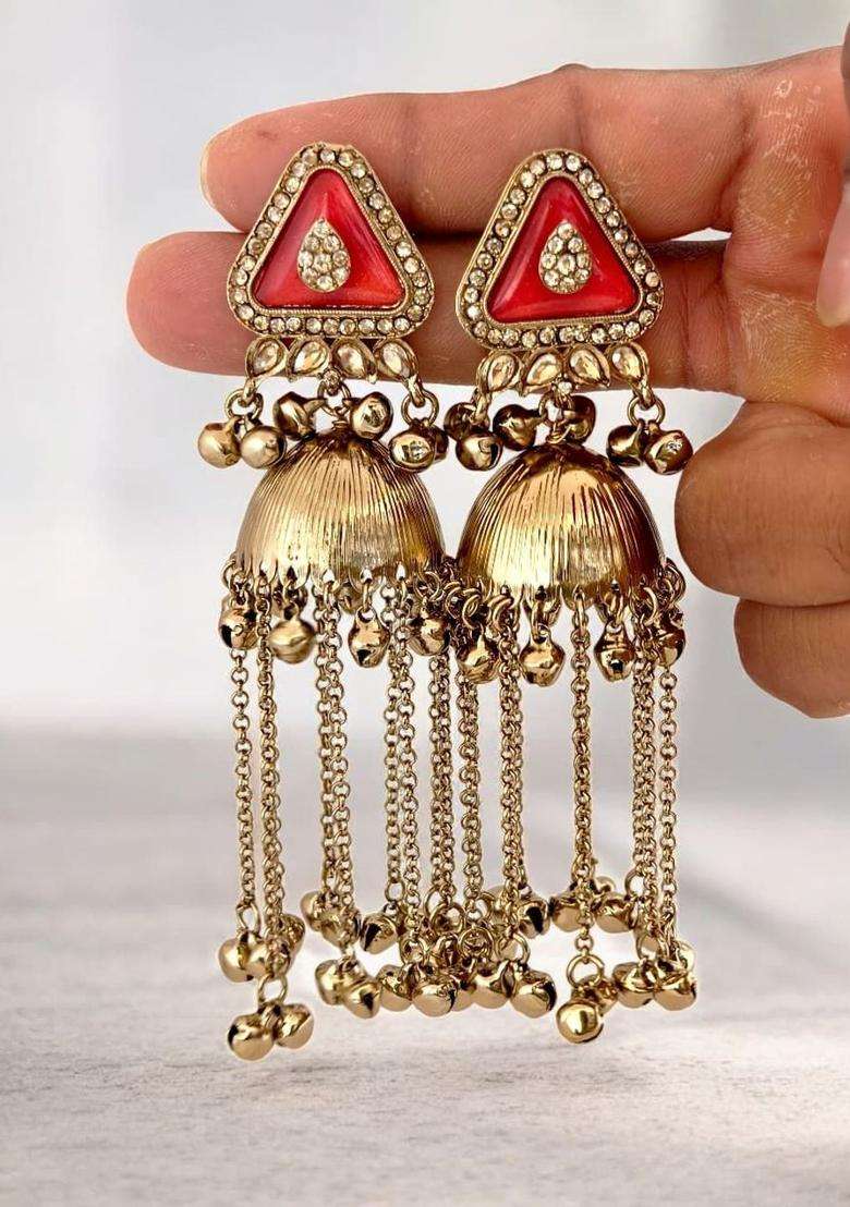 Gold-Plated Geometric Jhumkas Earrings for Women | Traditional Ethnic Jewellery for Wedding & Festive Wear | Gift for Her - Indya