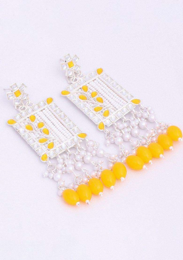 Silver-Plated Kundan Studded & Pearls Beaded Square Drop Earrings for Women | Traditional Ethnic Jewellery for Wedding & Festive Wear | Gift for Her - Indya