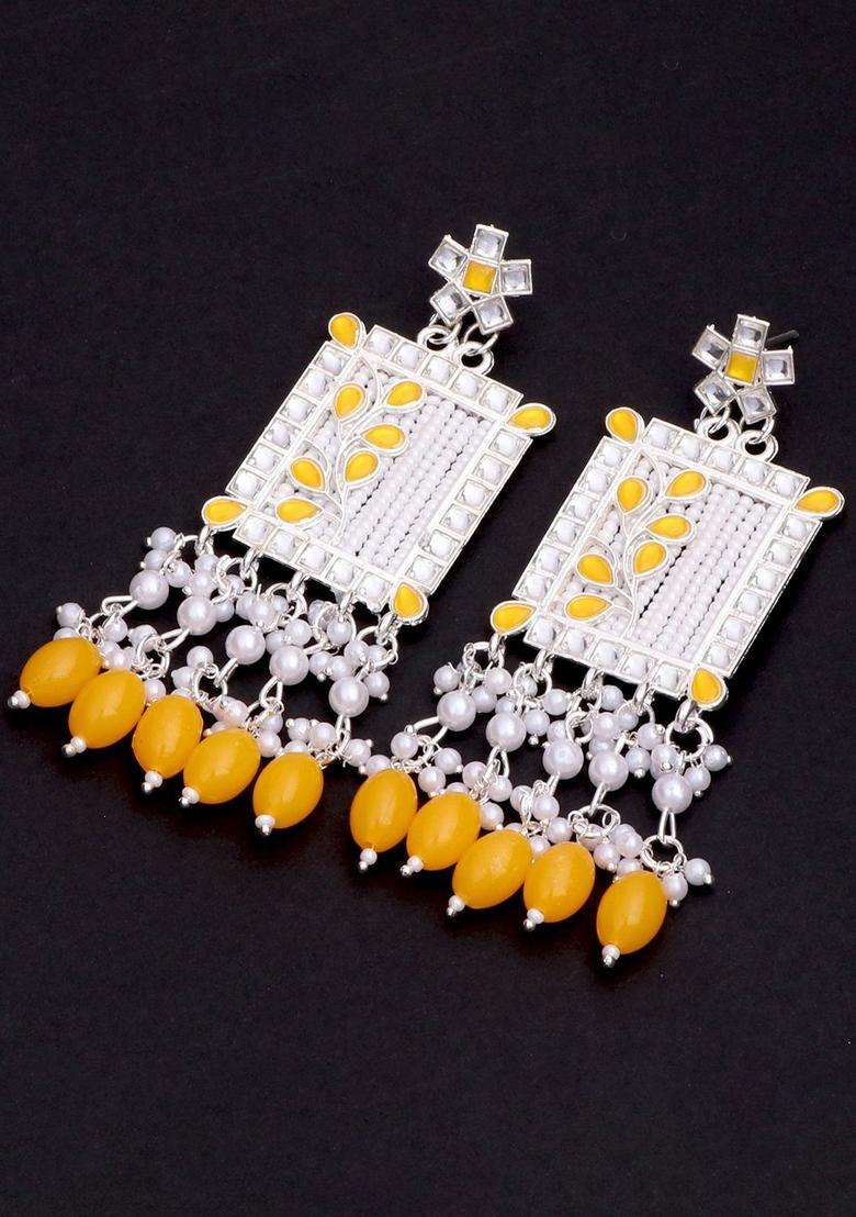 Silver-Plated Kundan Studded & Pearls Beaded Square Drop Earrings for Women | Traditional Ethnic Jewellery for Wedding & Festive Wear | Gift for Her - Indya
