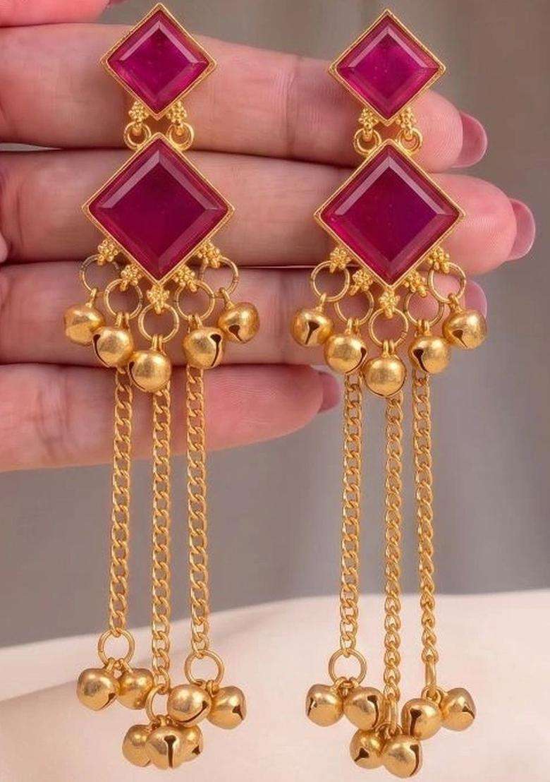 Gold-Plated Diamond Shaped Drop Earrings for Women | Traditional Ethnic Jewellery for Wedding & Festive Wear | Gift for Her - Indya