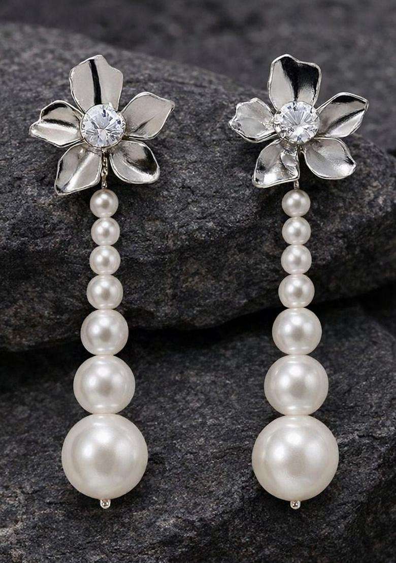 Silver-Plated Gold-Plated Cubic Zirconia Studded Drop Earrings for Women | Stylish Party & Everyday Wear | Gift for Her - Indya