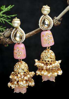 Gold-Plated Pink Classic Jhumkas Earrings with Kundan for Women | Traditional Ethnic Jewellery for Wedding & Festive Wear | Gift for Her