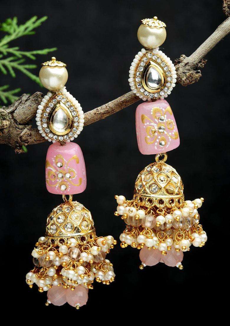 Gold-Plated Pink Classic Jhumkas Earrings with Kundan for Women | Traditional Ethnic Jewellery for Wedding & Festive Wear | Gift for Her - Indya