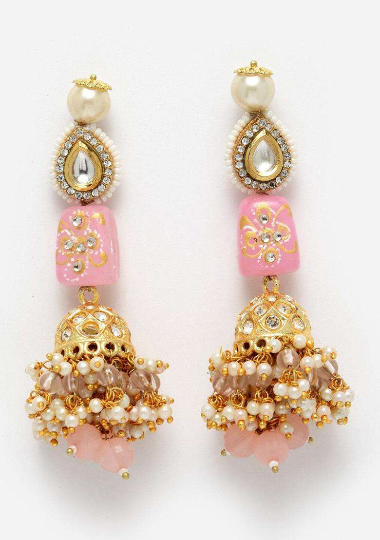 Gold-Plated Pink Classic Jhumkas Earrings with Kundan for Women | Traditional Ethnic Jewellery for Wedding & Festive Wear | Gift for Her - Indya