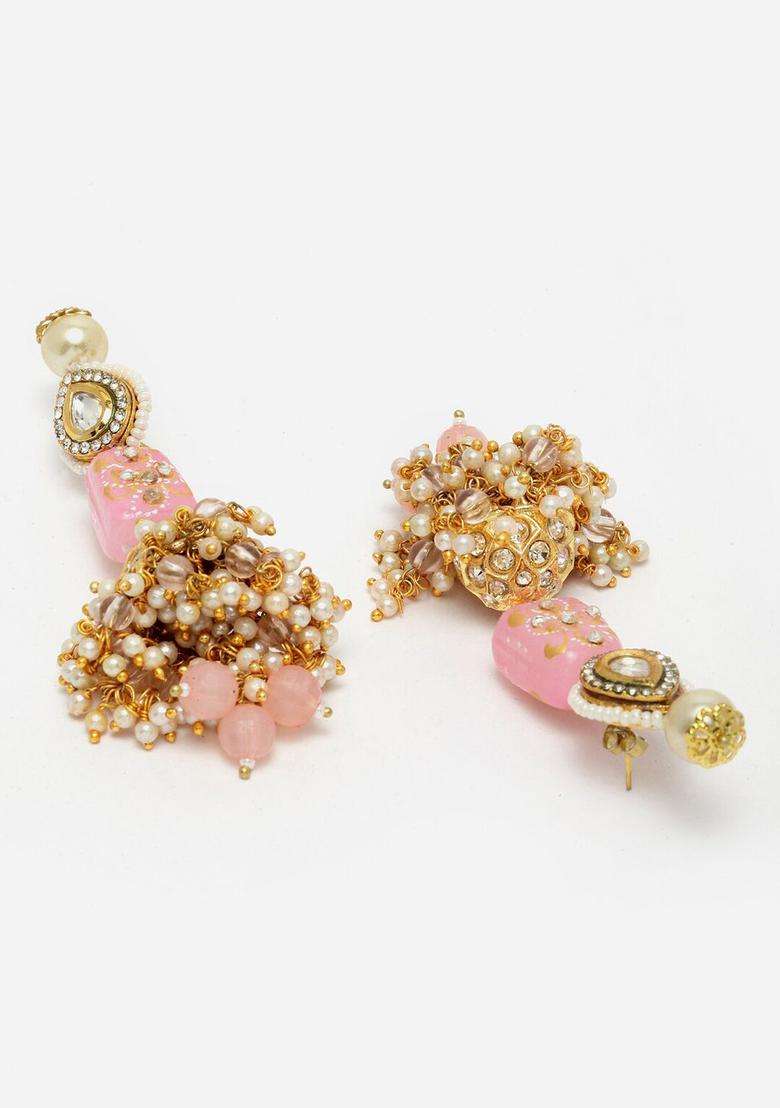 Gold-Plated Pink Classic Jhumkas Earrings with Kundan for Women | Traditional Ethnic Jewellery for Wedding & Festive Wear | Gift for Her - Indya