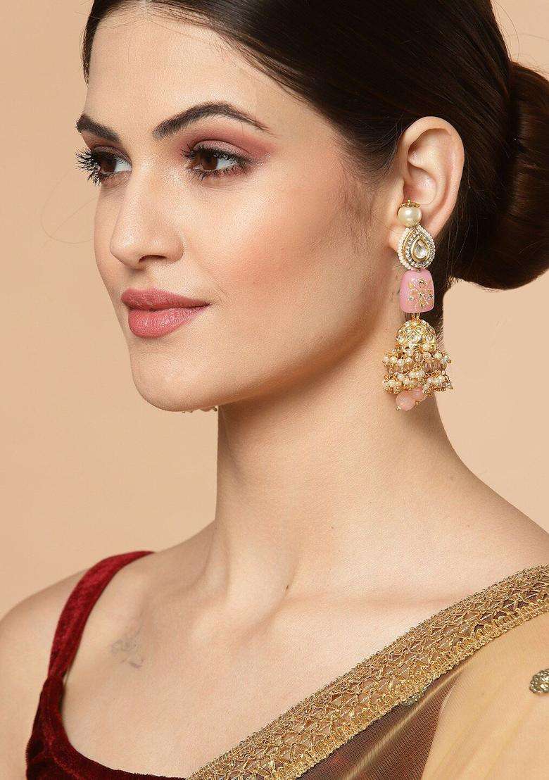 Gold-Plated Pink Classic Jhumkas Earrings with Kundan for Women | Traditional Ethnic Jewellery for Wedding & Festive Wear | Gift for Her - Indya