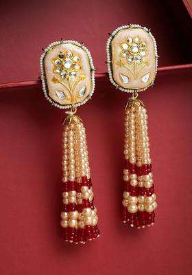 Gold-Plated Red Contemporary Drop Earrings with Kundan & Pearls for Women | Traditional Ethnic Jewellery for Wedding & Festive Wear | Gift for Her