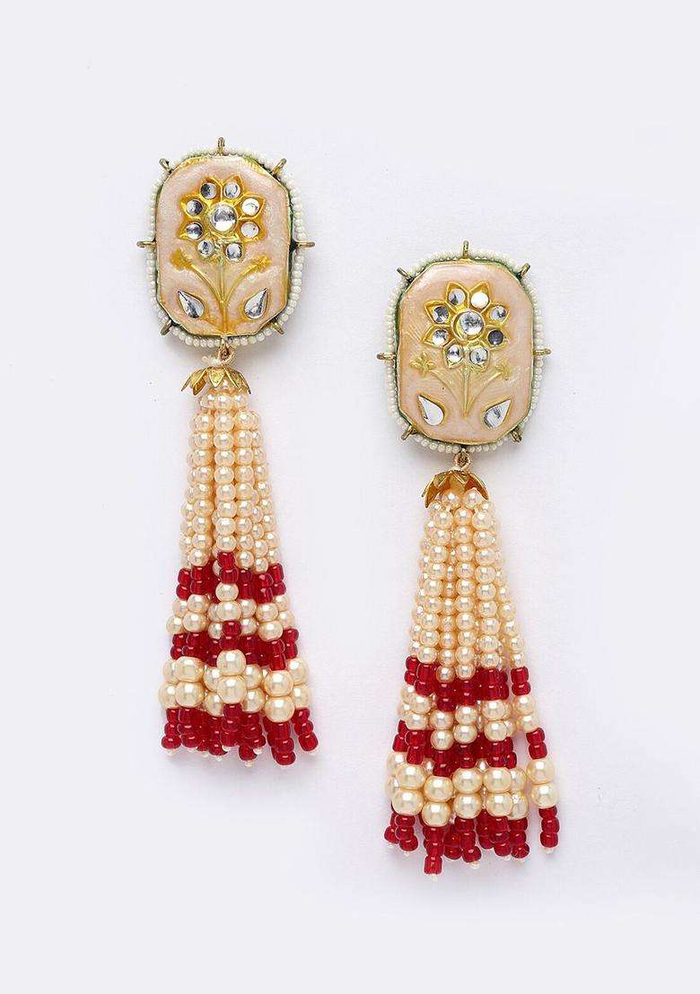 Gold-Plated Red Contemporary Drop Earrings with Kundan & Pearls for Women | Traditional Ethnic Jewellery for Wedding & Festive Wear | Gift for Her - Indya