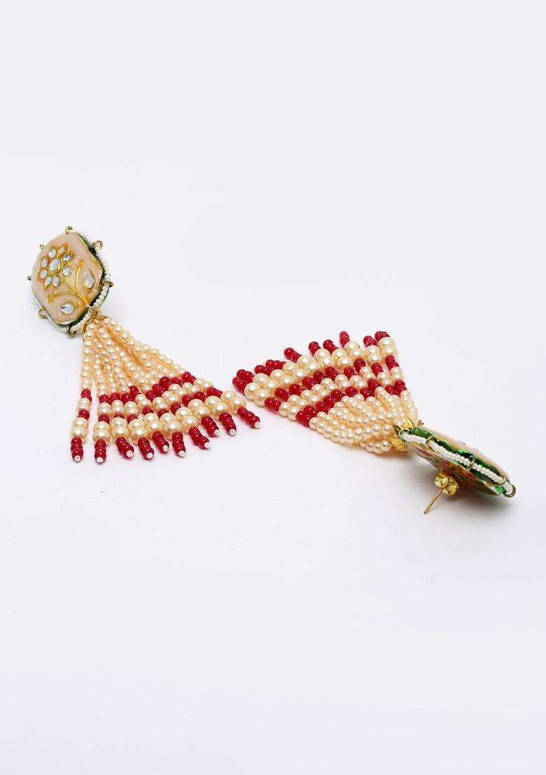 Gold-Plated Red Contemporary Drop Earrings with Kundan & Pearls for Women | Traditional Ethnic Jewellery for Wedding & Festive Wear | Gift for Her - Indya