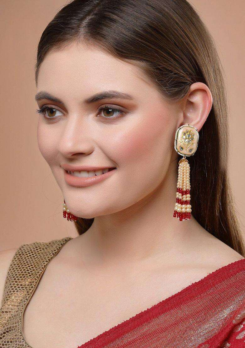 Gold-Plated Red Contemporary Drop Earrings with Kundan & Pearls for Women | Traditional Ethnic Jewellery for Wedding & Festive Wear | Gift for Her - Indya