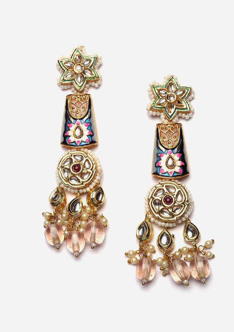 Gold-Plated Contemporary Kundan Drop Earrings for Women | Traditional Ethnic Jewellery for Wedding & Festive Wear | Gift for Her - Indya