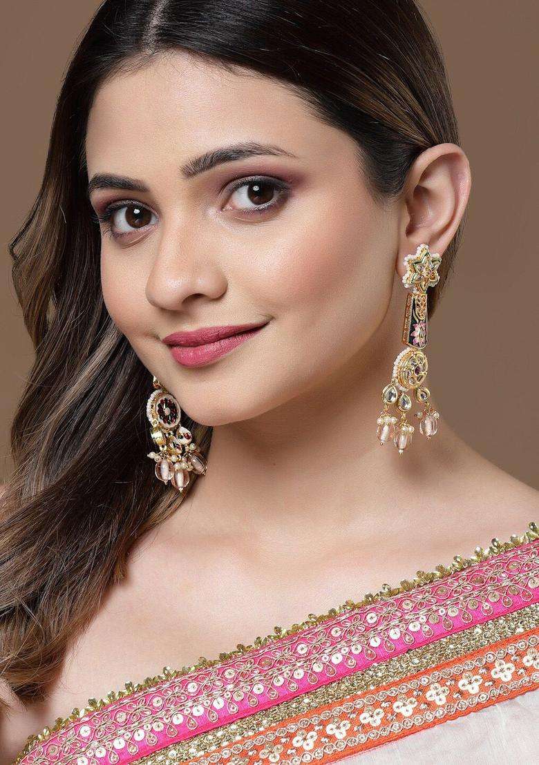 Gold-Plated Contemporary Kundan Drop Earrings for Women | Traditional Ethnic Jewellery for Wedding & Festive Wear | Gift for Her - Indya