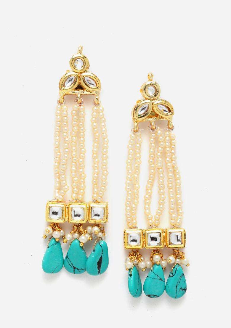 Gold-Plated Artificial Stones and Beads Classic Drop Earrings for Women | Traditional Ethnic Jewellery for Wedding & Festive Wear | Gift for Her - Indya