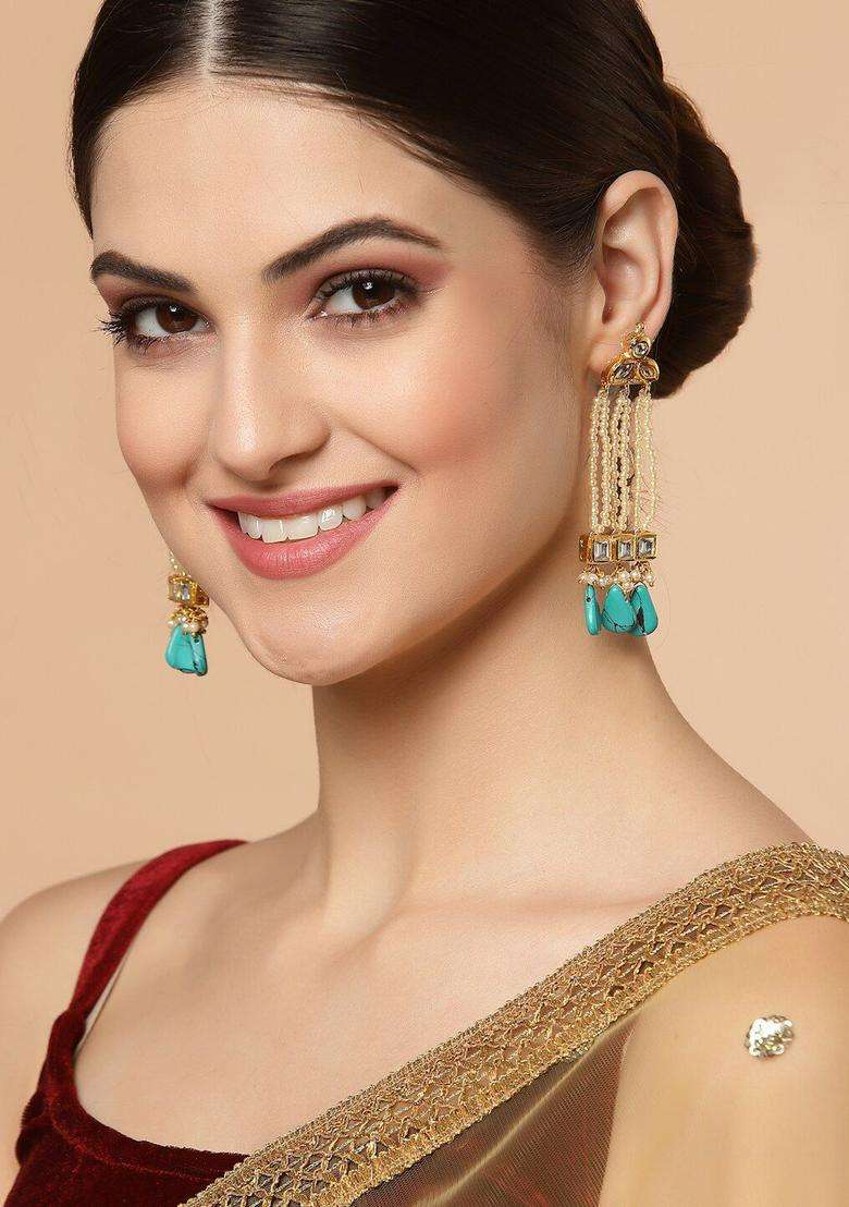 Gold-Plated Artificial Stones and Beads Classic Drop Earrings for Women | Traditional Ethnic Jewellery for Wedding & Festive Wear | Gift for Her - Indya
