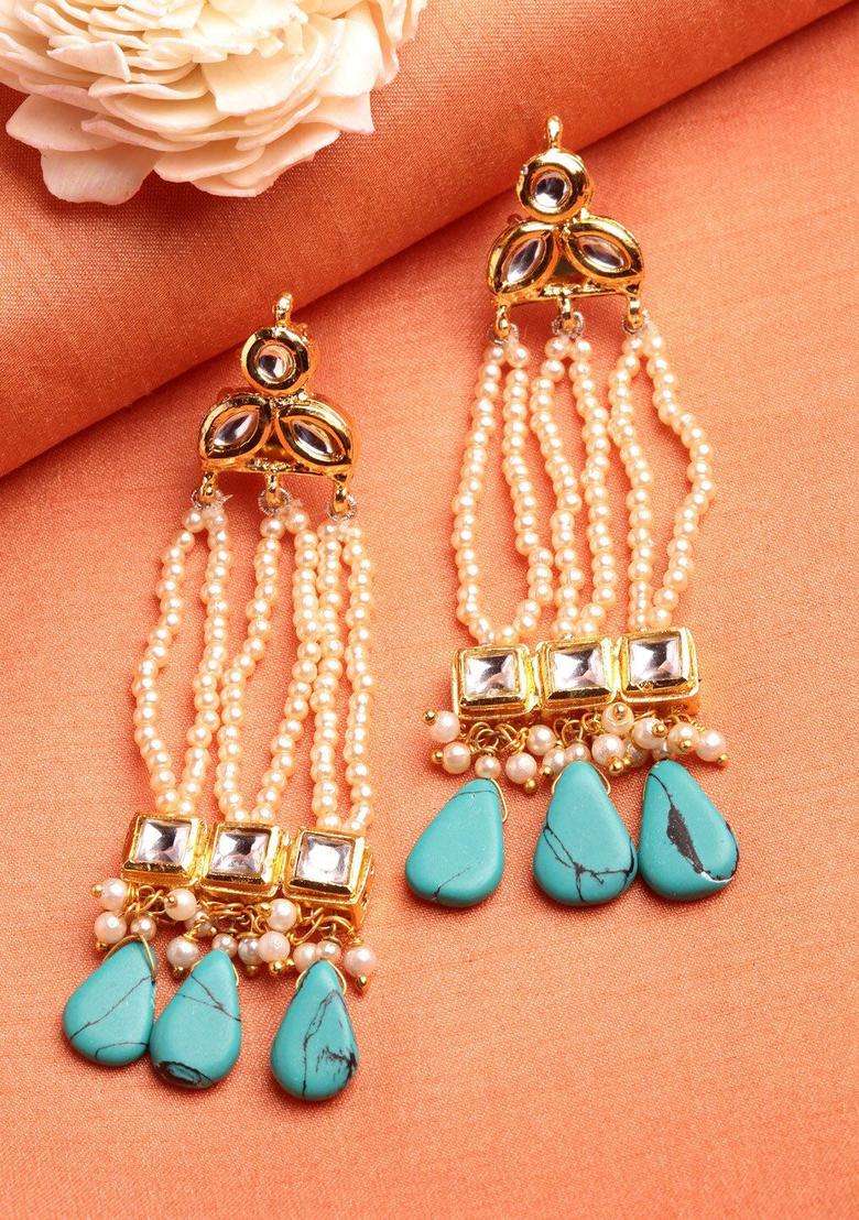 Gold-Plated Blue Classic Drop Earrings with Kundan for Women | Traditional Ethnic Jewellery for Wedding & Festive Wear | Gift for Her - Indya