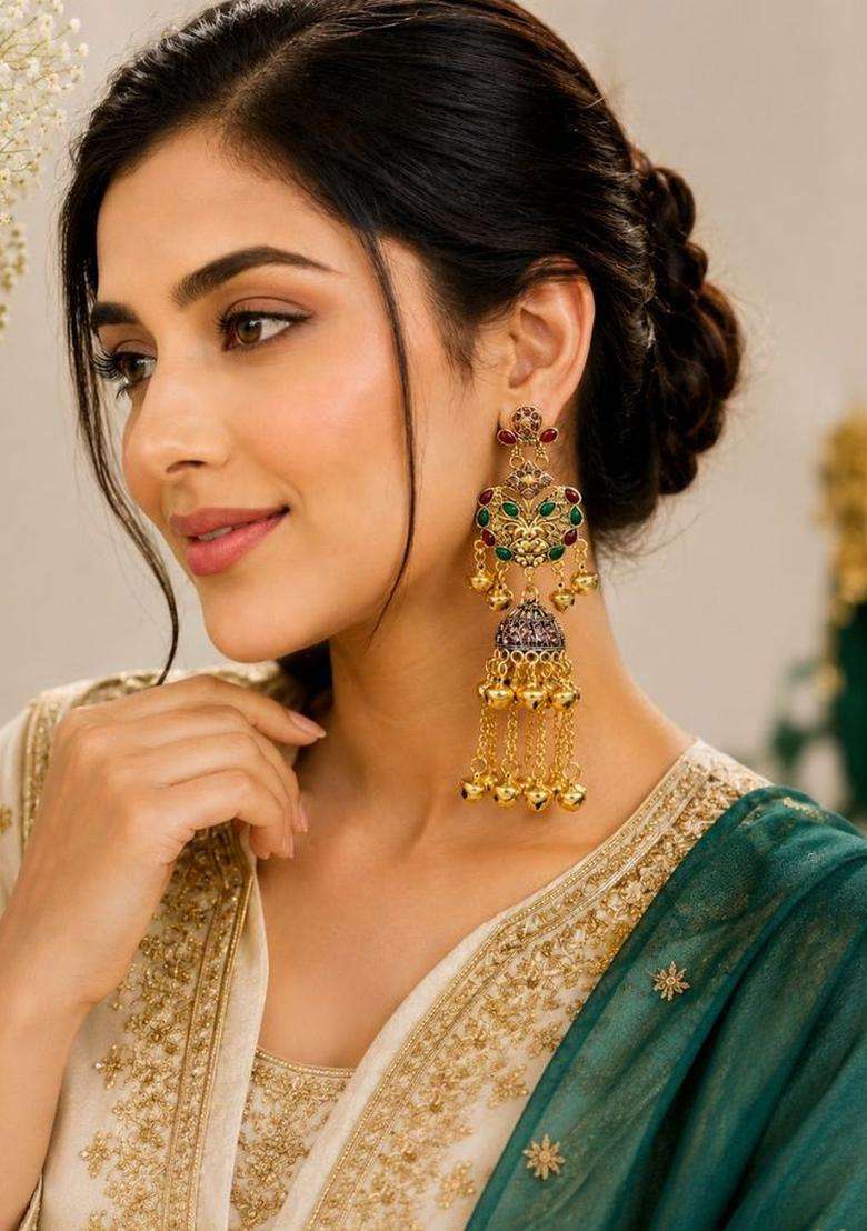 Gold-Plated Geometric Jhumkas Earrings for Women | Traditional Ethnic Jewellery for Wedding & Festive Wear | Gift for Her - Indya