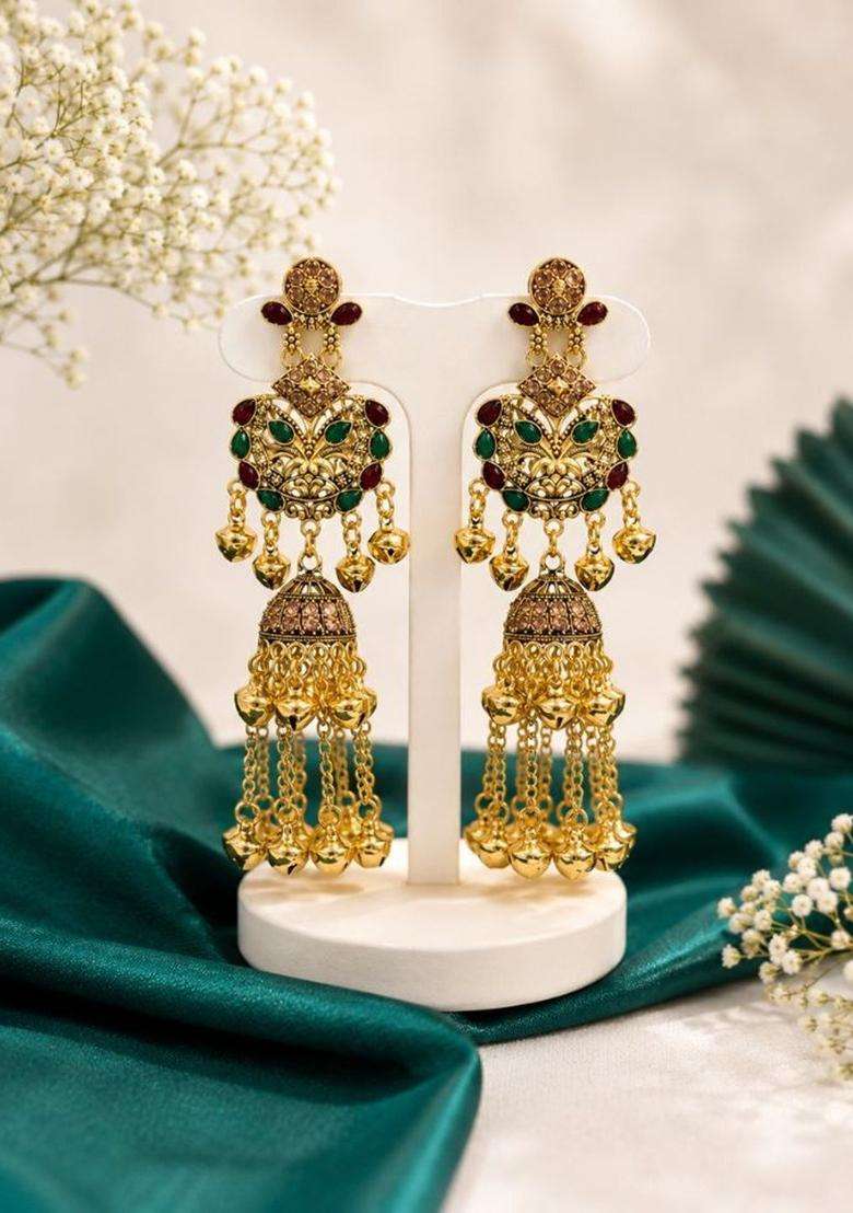Gold-Plated Geometric Jhumkas Earrings for Women | Traditional Ethnic Jewellery for Wedding & Festive Wear | Gift for Her - Indya