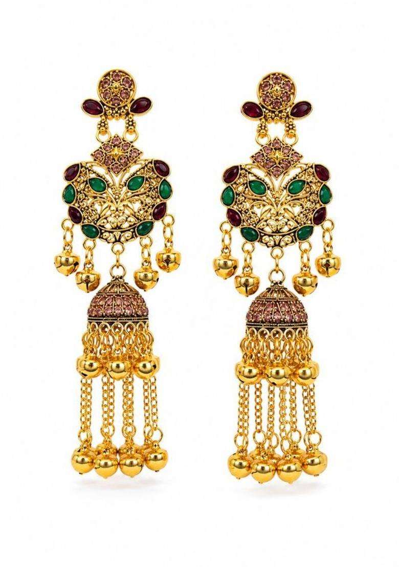Gold-Plated Geometric Jhumkas Earrings for Women | Traditional Ethnic Jewellery for Wedding & Festive Wear | Gift for Her - Indya