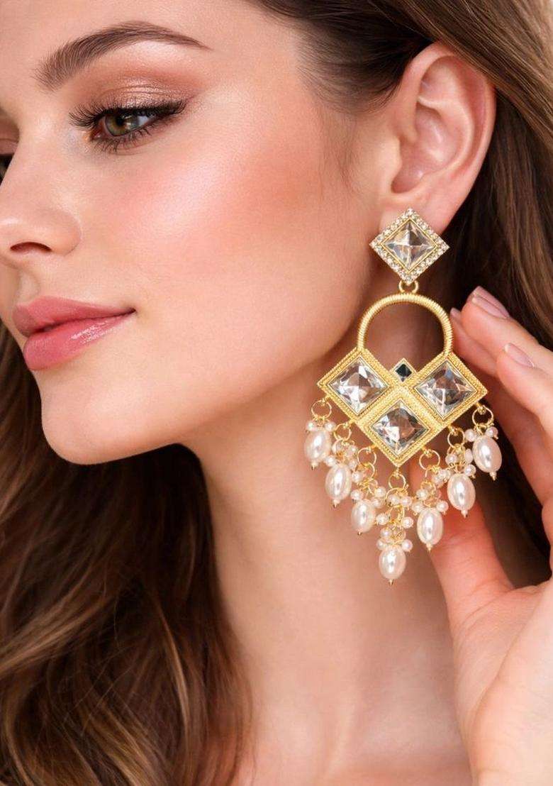 Gold-Plated Geometric Drop Earrings for Women | Traditional Ethnic Jewellery for Wedding & Festive Wear | Gift for Her - Indya