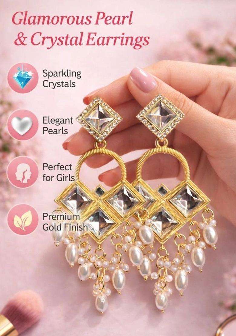 Gold-Plated Geometric Drop Earrings for Women | Traditional Ethnic Jewellery for Wedding & Festive Wear | Gift for Her - Indya