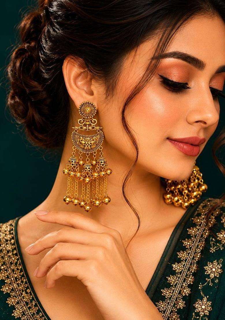 Gold-Plated Crescent Shaped Drop Earrings for Women | Traditional Ethnic Jewellery for Wedding & Festive Wear | Gift for Her - Indya