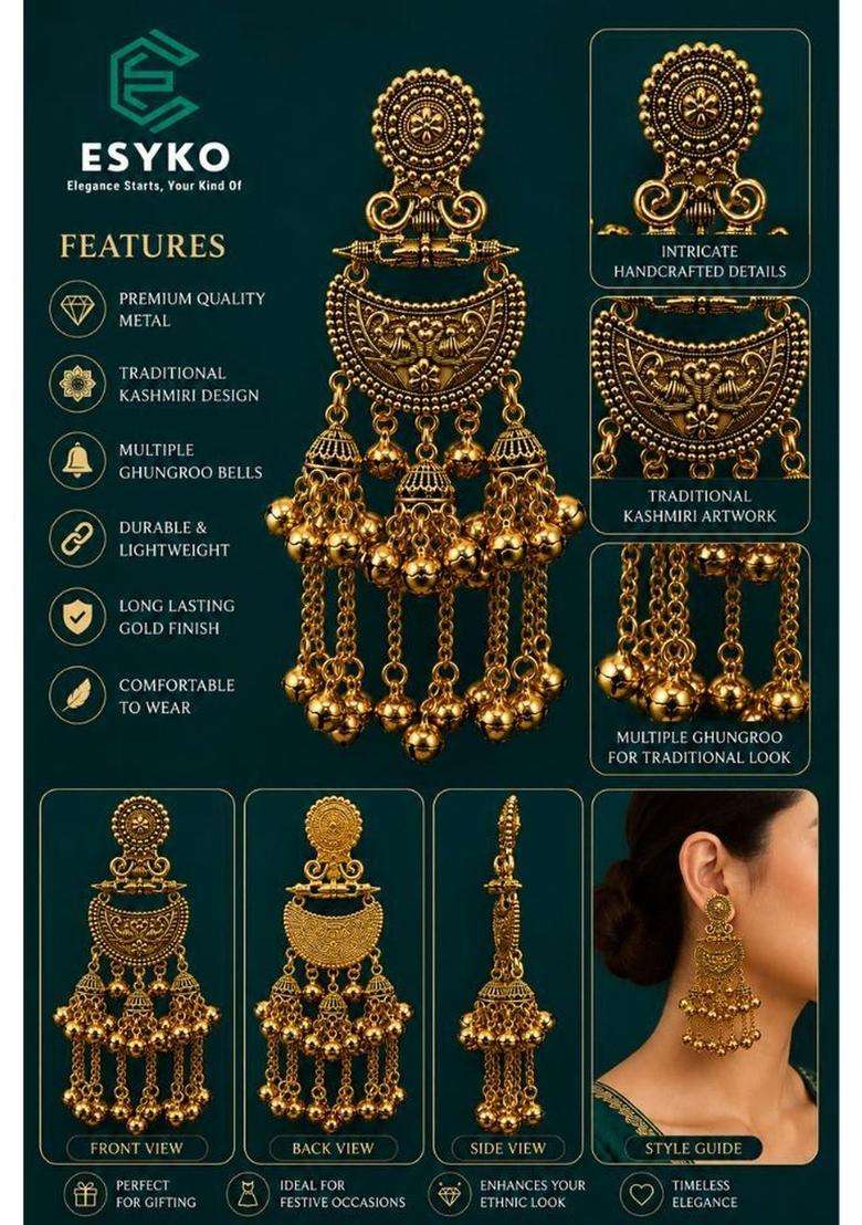 Gold-Plated Crescent Shaped Drop Earrings for Women | Traditional Ethnic Jewellery for Wedding & Festive Wear | Gift for Her - Indya