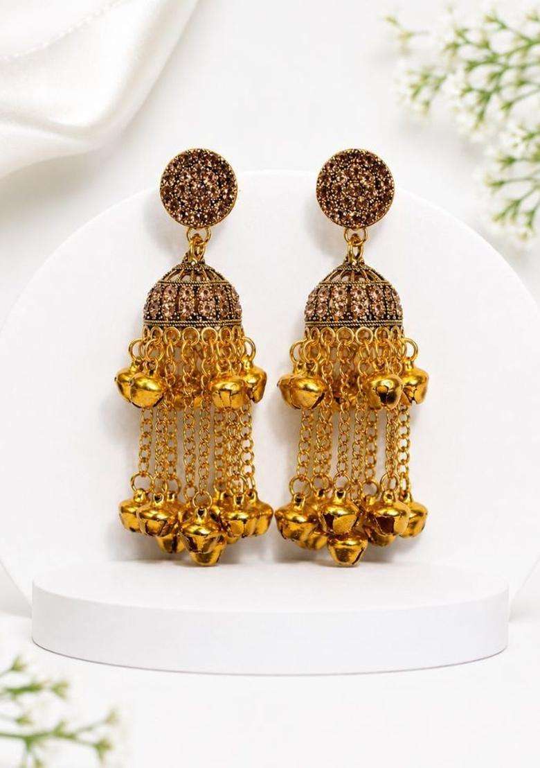 Gold-Plated Geometric Jhumkas Earrings for Women | Traditional Ethnic Jewellery for Wedding & Festive Wear | Gift for Her - Indya