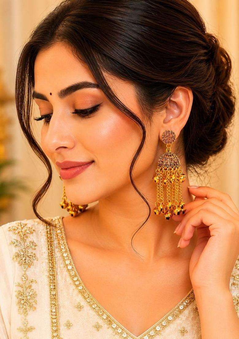 Gold-Plated Geometric Jhumkas Earrings for Women | Traditional Ethnic Jewellery for Wedding & Festive Wear | Gift for Her - Indya