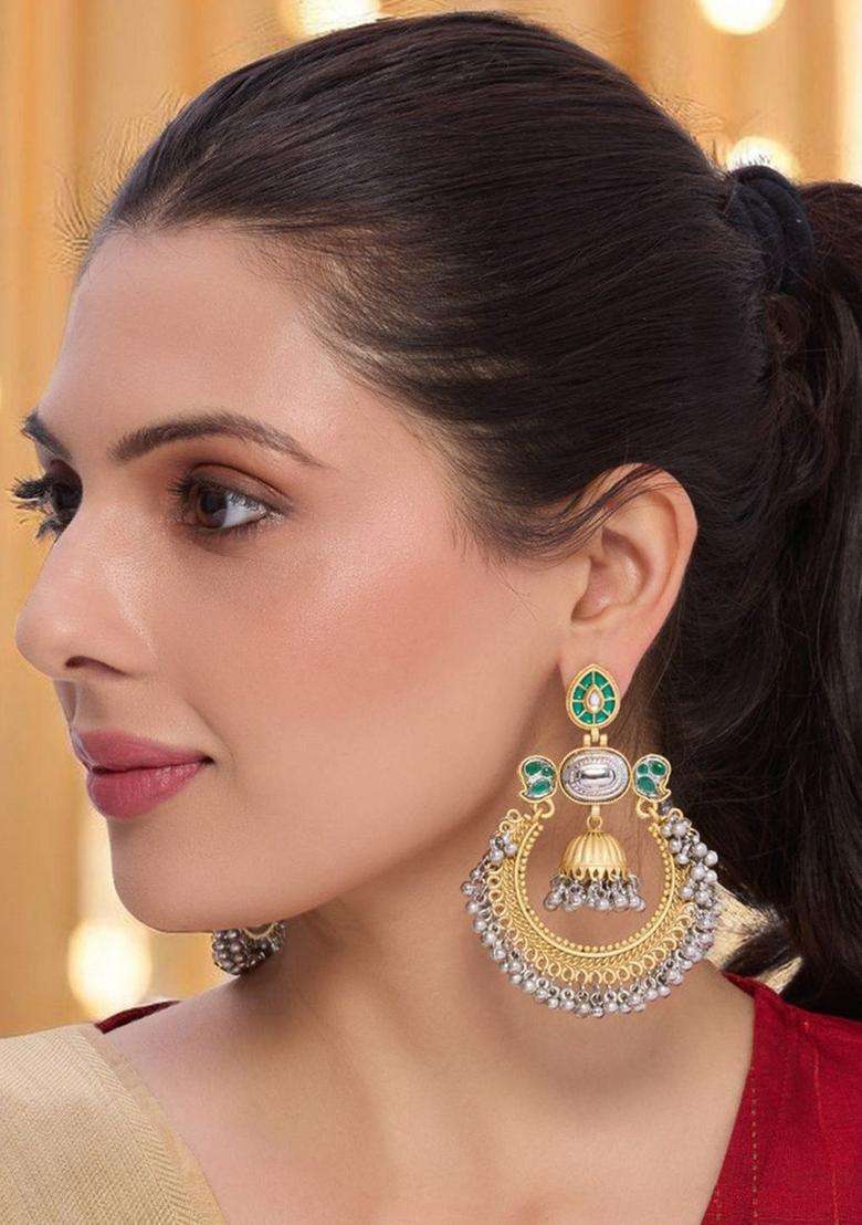 Green Ghungroo Kashmiri Chandbali Earrings with Kundan for Women | Traditional Ethnic Jewellery for Wedding & Festive Wear | Gift for Her - Indya