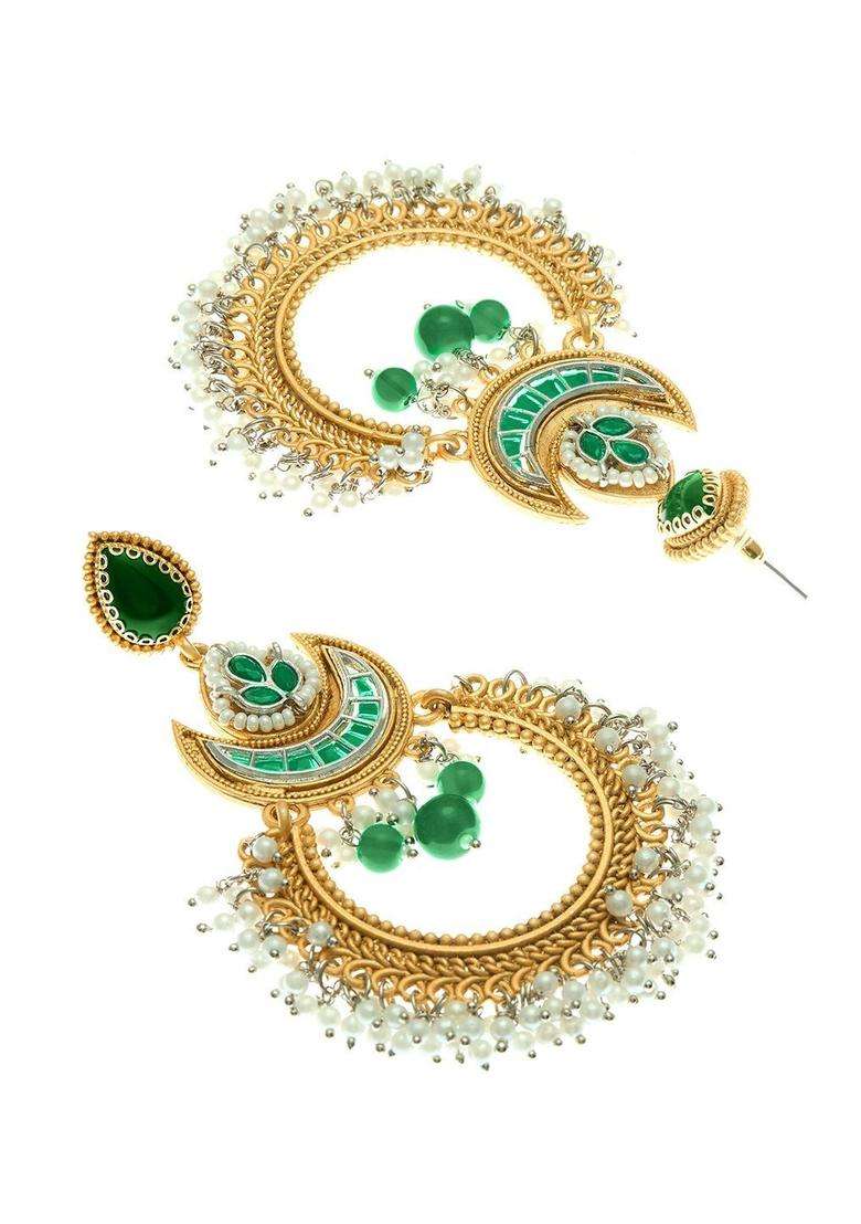 Green Long Kashmiri Chandbali Earrings with Ghungroo for Women | Traditional Ethnic Jewellery for Wedding & Festive Wear | Gift for Her - Indya