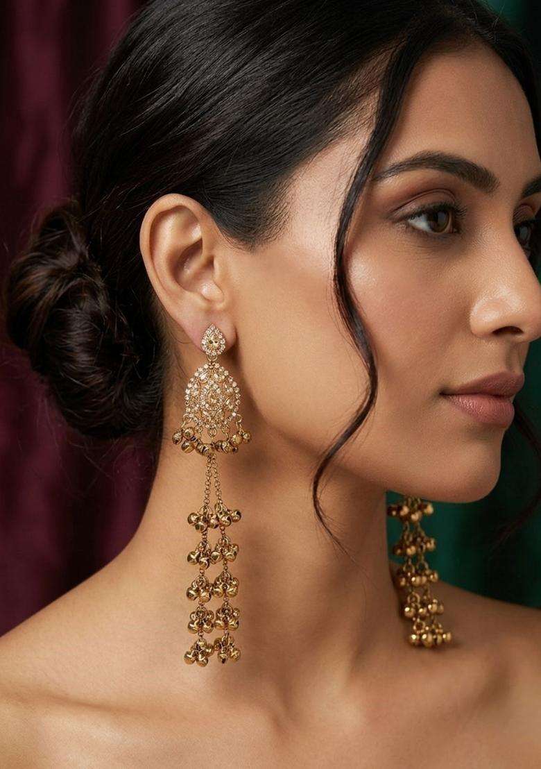 Gold-Plated Contemporary Drop Earrings with CZ Stone for Women | Traditional Ethnic Jewellery for Wedding & Festive Wear | Gift for Her - Indya