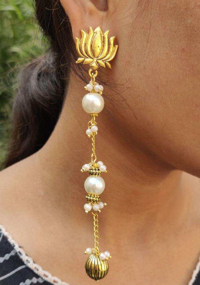 Gold-Plated Contemporary Drop Earrings with Kundan for Women | Traditional Ethnic Jewellery for Wedding & Festive Wear | Gift for Her - Indya