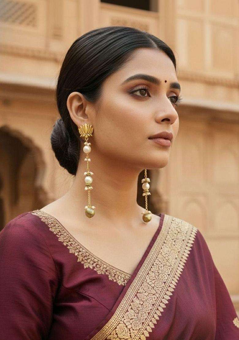 Gold-Plated Contemporary Drop Earrings with Kundan for Women | Traditional Ethnic Jewellery for Wedding & Festive Wear | Gift for Her - Indya
